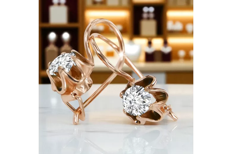 Or rose rouge 14 carats 14k 583 Zircon des boucles d'oreilles vec013 Russe Soviétique URSS Style vintage Art Deco style